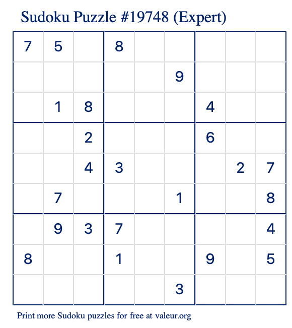 Free Printable Expert Sudoku Puzzle number 19748