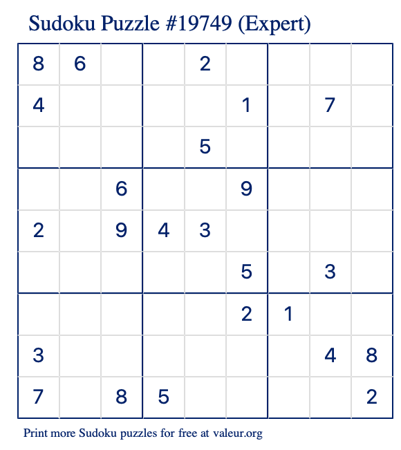 Free Printable Expert Sudoku Puzzle number 19749