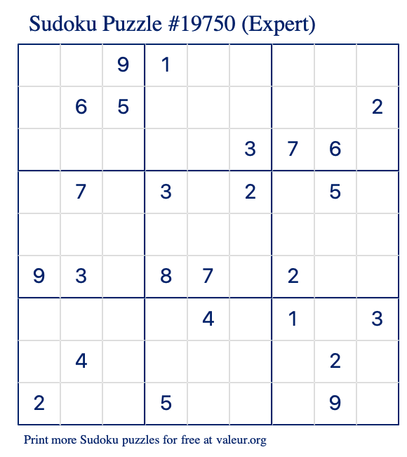 Free Printable Expert Sudoku Puzzle number 19750