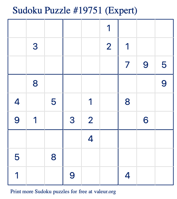 Free Printable Expert Sudoku Puzzle number 19751