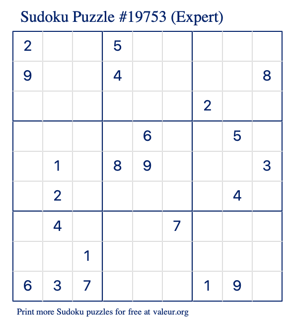 Free Printable Expert Sudoku Puzzle number 19753
