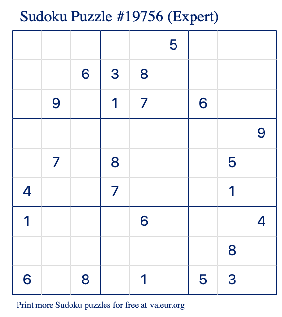 Free Printable Expert Sudoku Puzzle number 19756