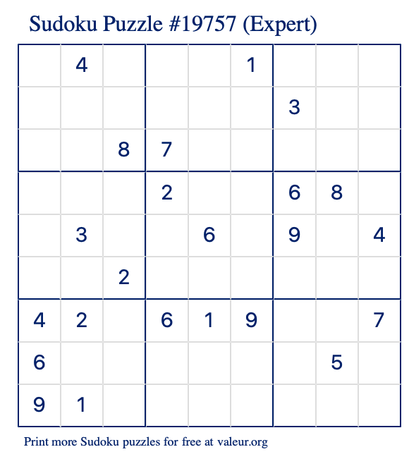 Free Printable Expert Sudoku Puzzle number 19757