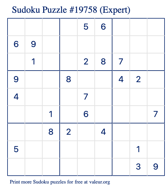 Free Printable Expert Sudoku Puzzle number 19758