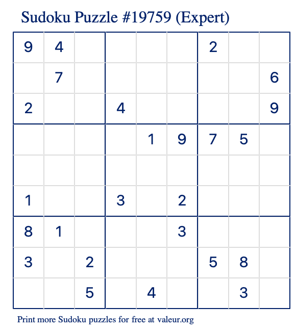 Free Printable Expert Sudoku Puzzle number 19759