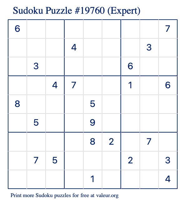 Free Printable Expert Sudoku Puzzle number 19760