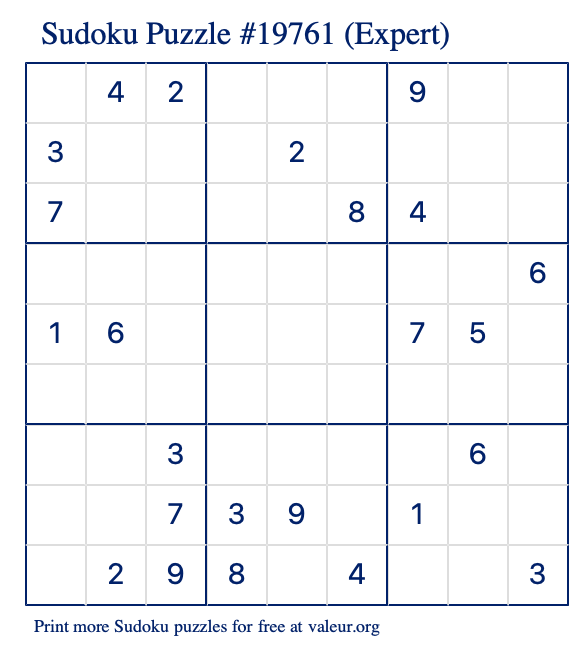 Free Printable Expert Sudoku Puzzle number 19761