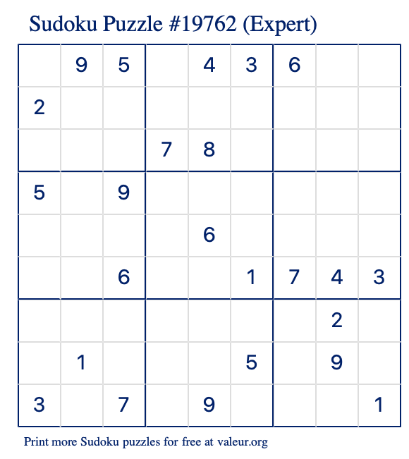 Free Printable Expert Sudoku Puzzle number 19762