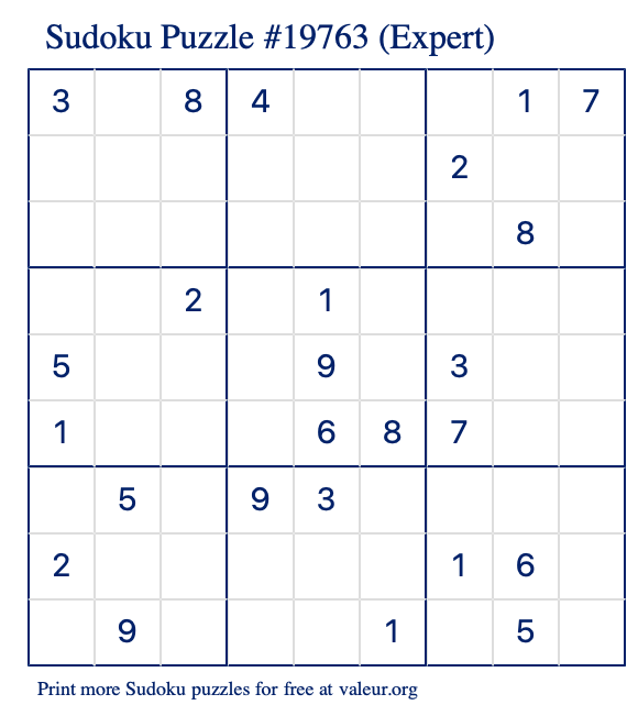 Free Printable Expert Sudoku Puzzle number 19763