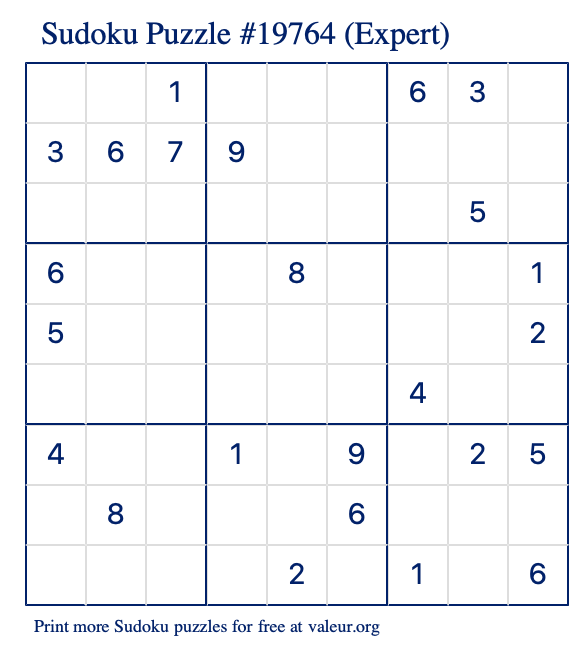Free Printable Expert Sudoku Puzzle number 19764