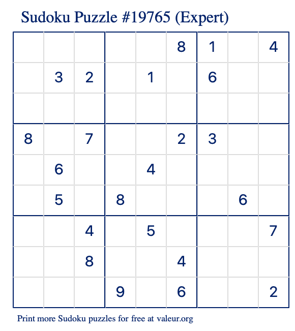 Free Printable Expert Sudoku Puzzle number 19765
