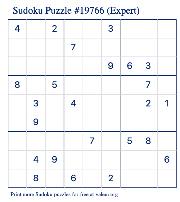 Free Printable Expert Sudoku Puzzle number 19766