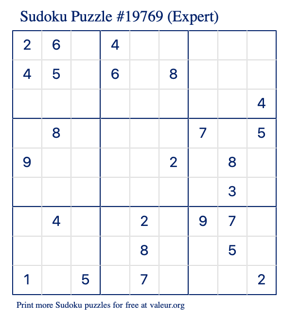 Free Printable Expert Sudoku Puzzle number 19769