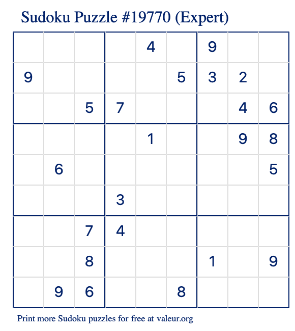 Free Printable Expert Sudoku Puzzle number 19770