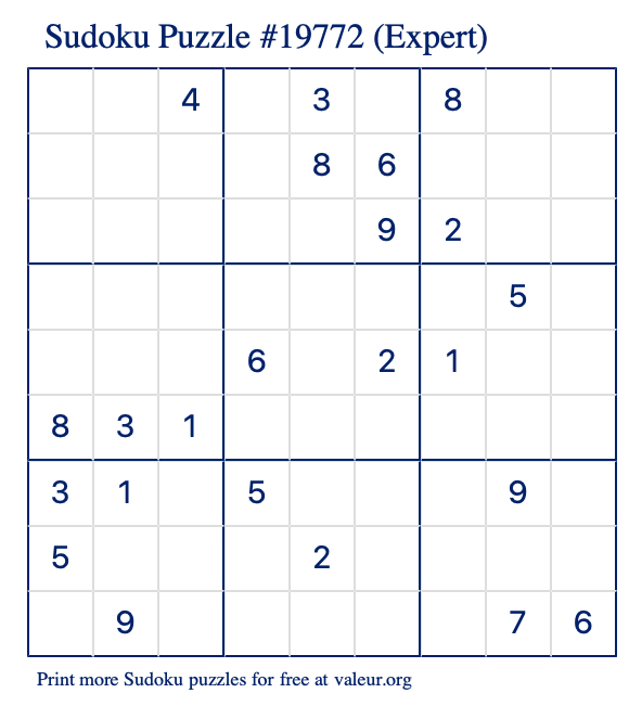 Free Printable Expert Sudoku Puzzle number 19772