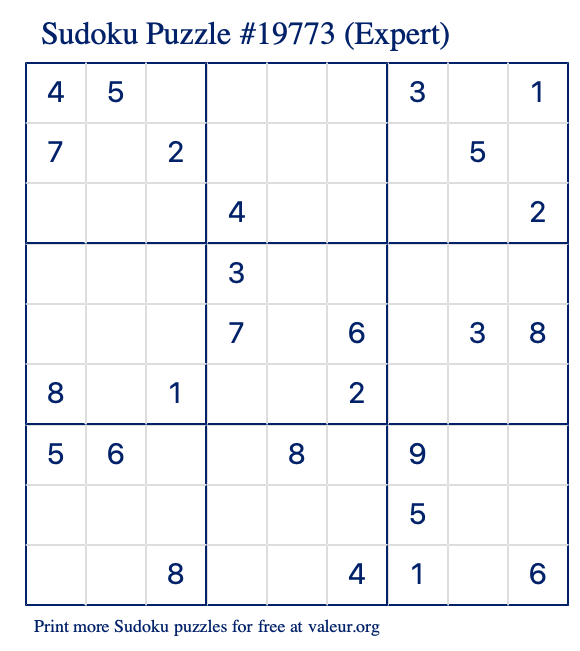 Free Printable Expert Sudoku Puzzle number 19773