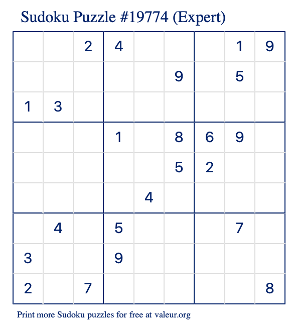 Free Printable Expert Sudoku Puzzle number 19774
