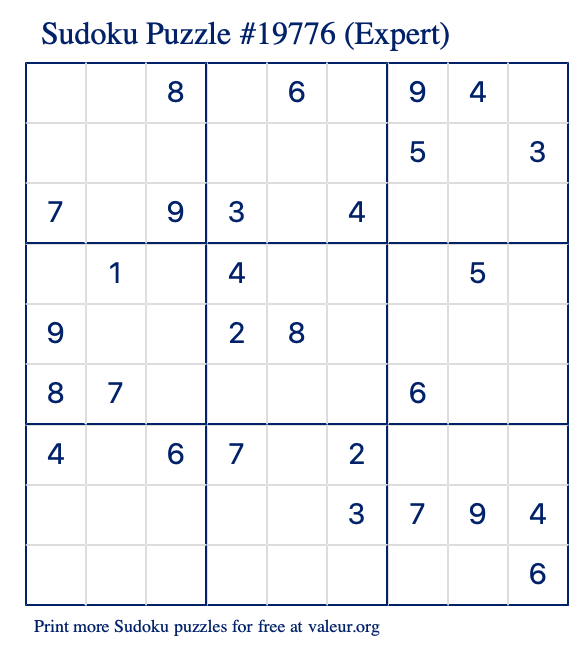 Free Printable Expert Sudoku Puzzle number 19776