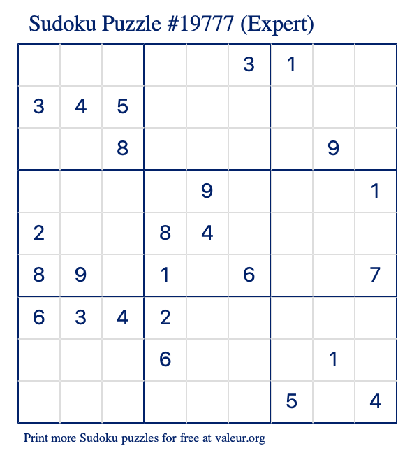 Free Printable Expert Sudoku Puzzle number 19777
