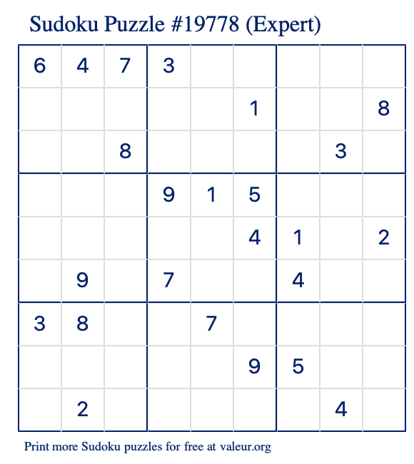 Free Printable Expert Sudoku Puzzle number 19778