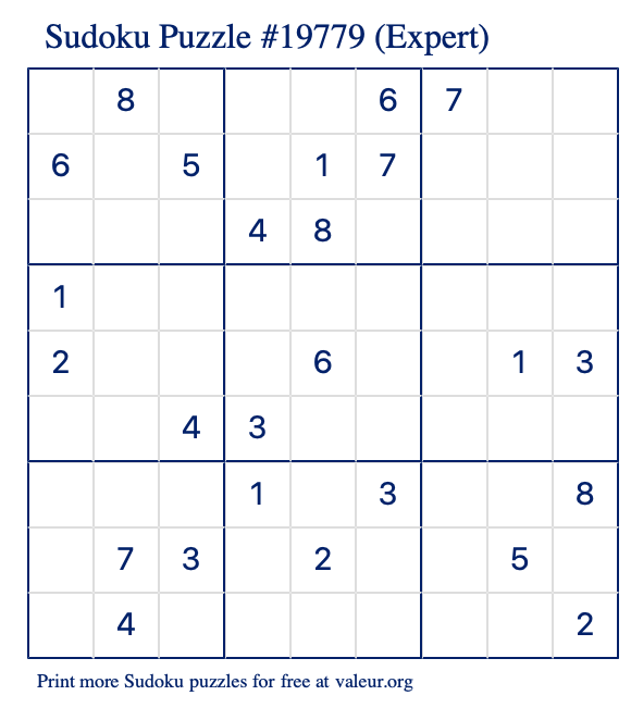 Free Printable Expert Sudoku Puzzle number 19779