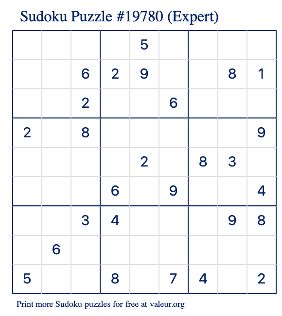 Free Printable Expert Sudoku Puzzle number 19780