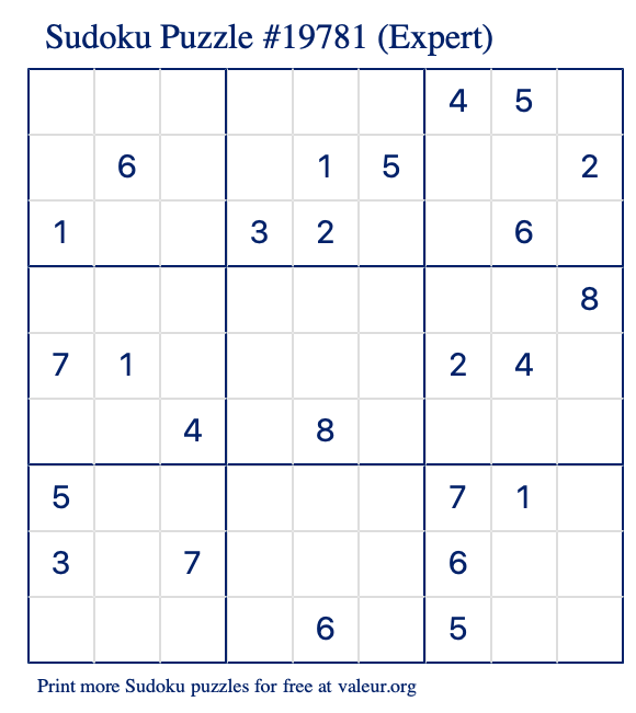 Free Printable Expert Sudoku Puzzle number 19781