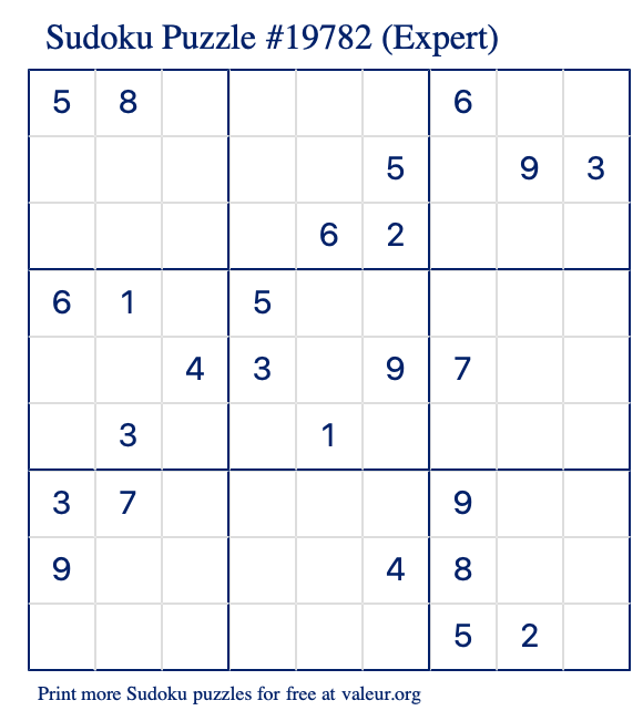 Free Printable Expert Sudoku Puzzle number 19782