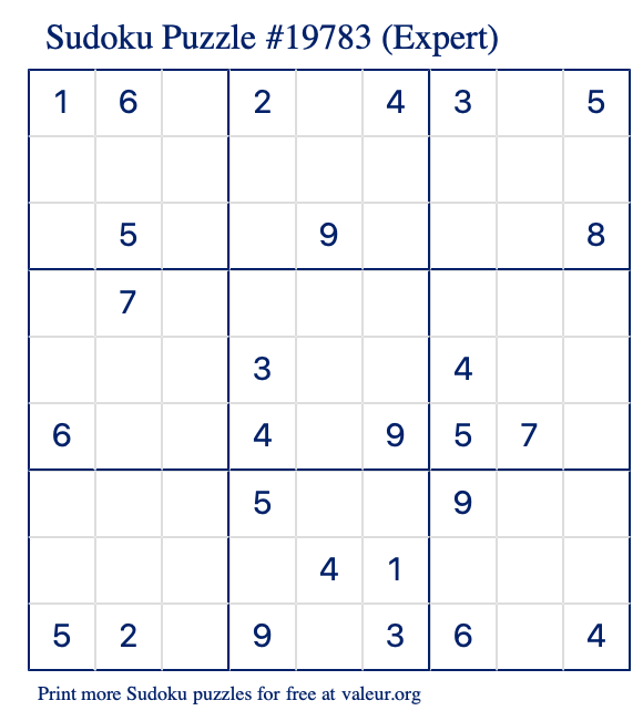 Free Printable Expert Sudoku Puzzle number 19783