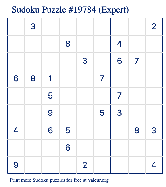 Free Printable Expert Sudoku Puzzle number 19784