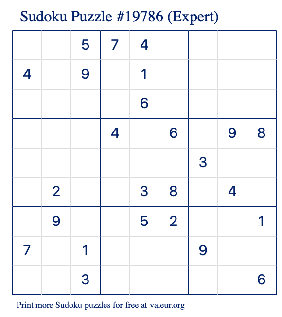 Free Printable Expert Sudoku Puzzle number 19786