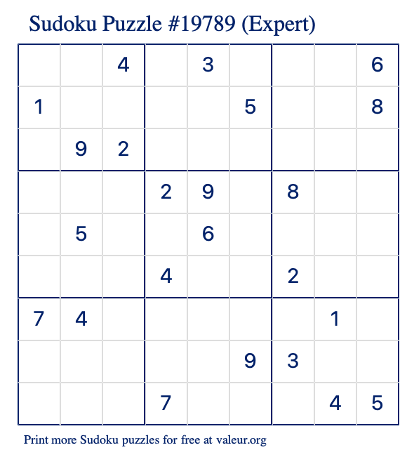 Free Printable Expert Sudoku Puzzle number 19789