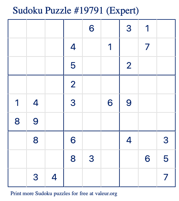 Free Printable Expert Sudoku Puzzle number 19791