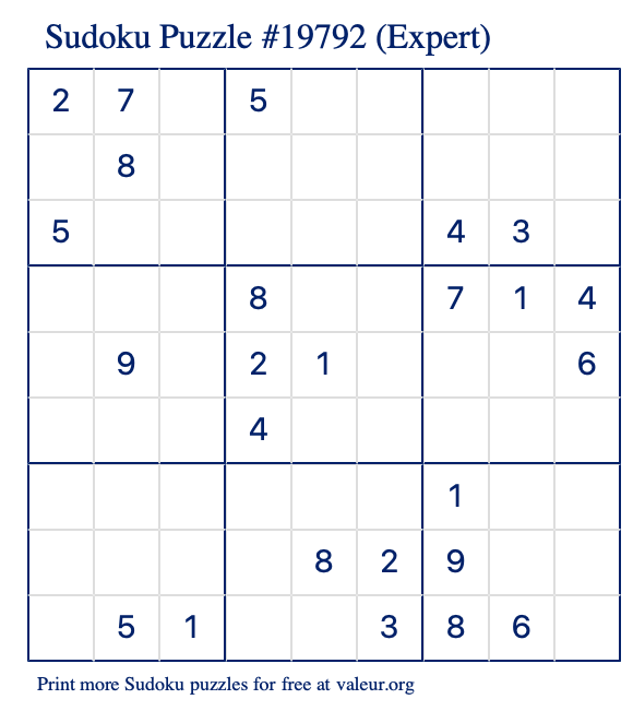 Free Printable Expert Sudoku Puzzle number 19792