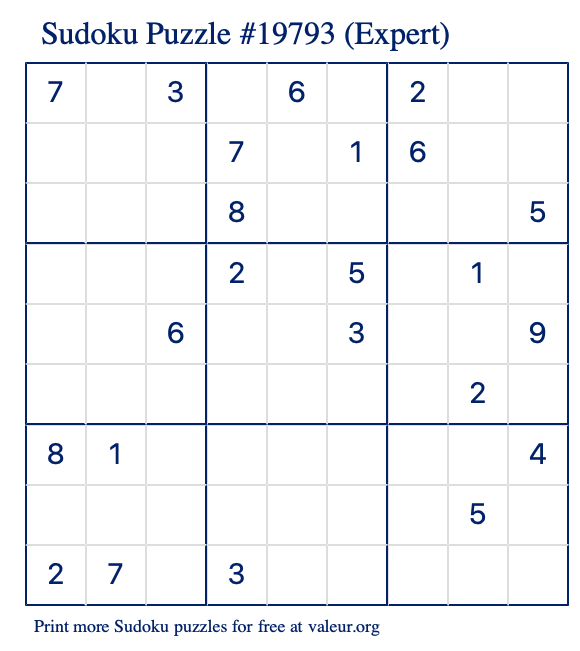 Free Printable Expert Sudoku Puzzle number 19793
