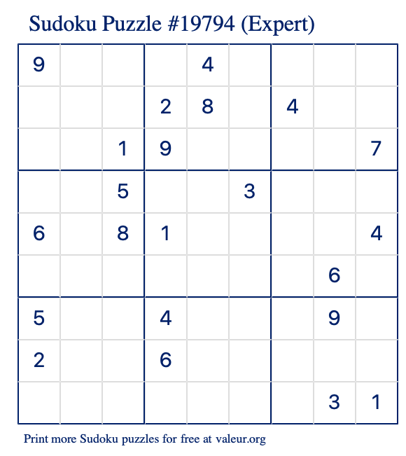Free Printable Expert Sudoku Puzzle number 19794
