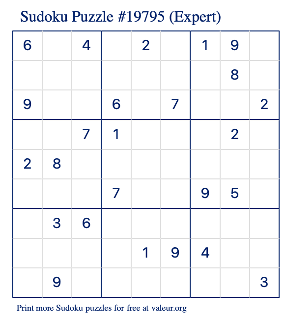 Free Printable Expert Sudoku Puzzle number 19795