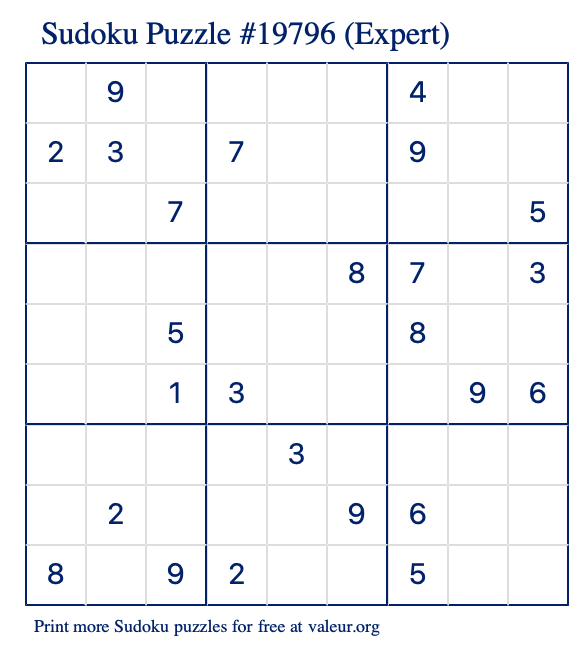 Free Printable Expert Sudoku Puzzle number 19796