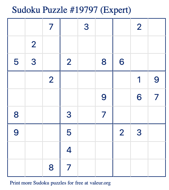 Free Printable Expert Sudoku Puzzle number 19797
