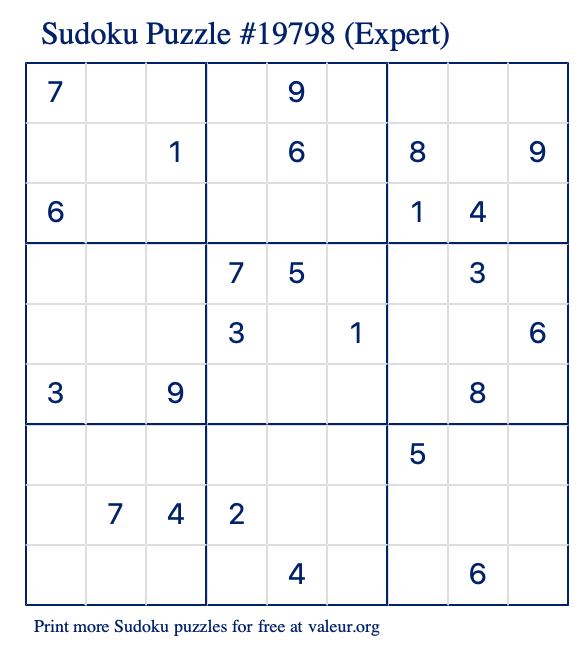 Free Printable Expert Sudoku Puzzle number 19798