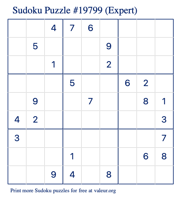 Free Printable Expert Sudoku Puzzle number 19799