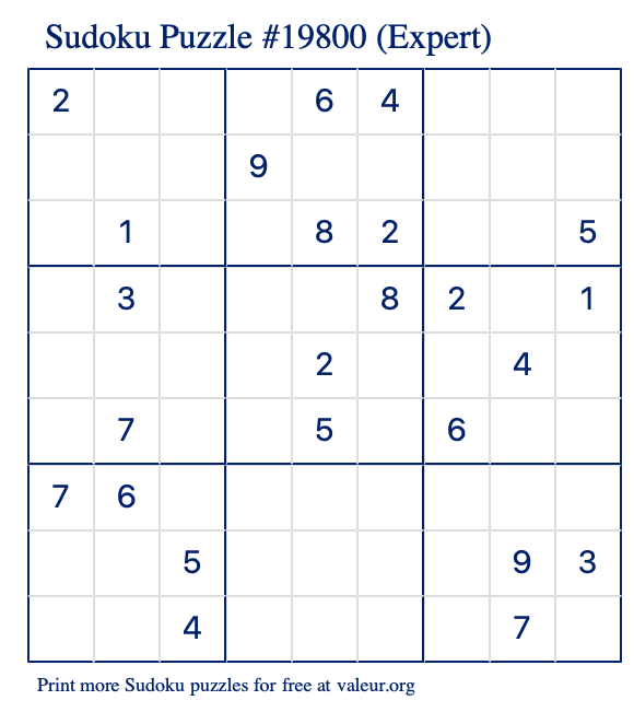 Free Printable Expert Sudoku Puzzle number 19800