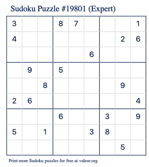 Free Printable Expert Sudoku Puzzle number 19801