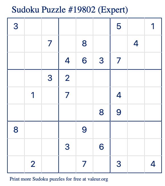 Free Printable Expert Sudoku Puzzle number 19802