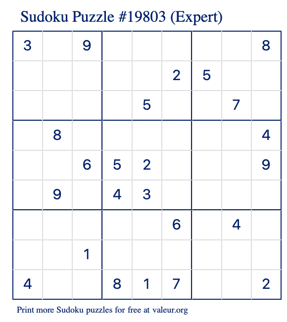 Free Printable Expert Sudoku Puzzle number 19803