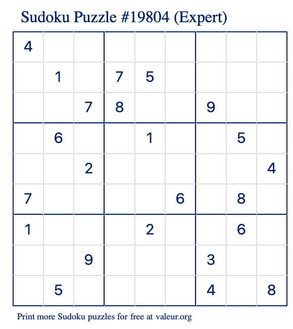 Free Printable Expert Sudoku Puzzle number 19804