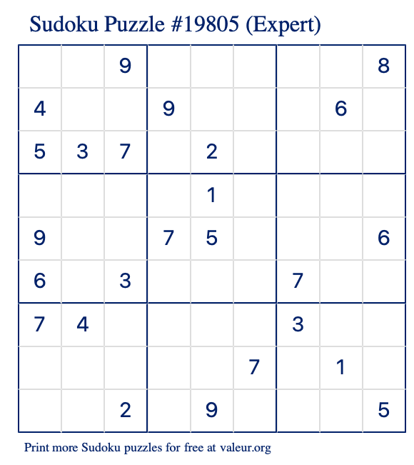 Free Printable Expert Sudoku Puzzle number 19805