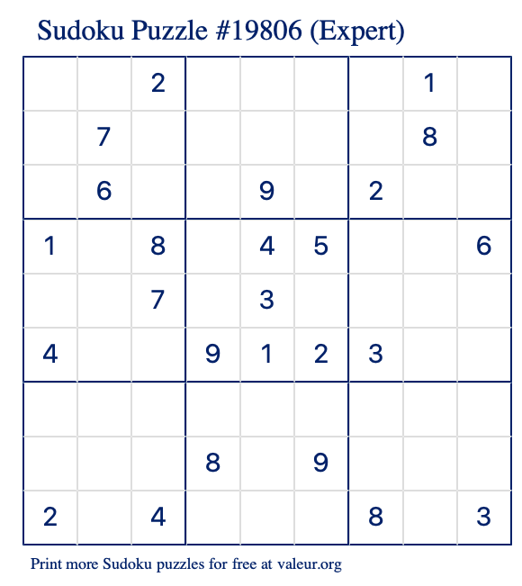 Free Printable Expert Sudoku Puzzle number 19806