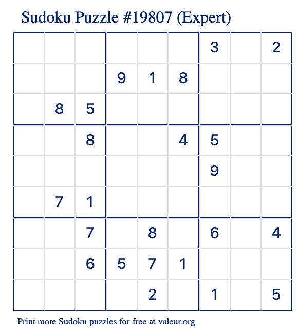 Free Printable Expert Sudoku Puzzle number 19807