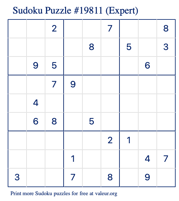 Free Printable Expert Sudoku Puzzle number 19811